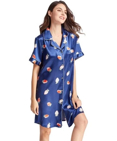 Womens Satin Silky Short Long Sleeve Nightshirt Button Down Floral Sleepshirt Loungewear Short Sleeve Strawberry blu - CZ18UX...