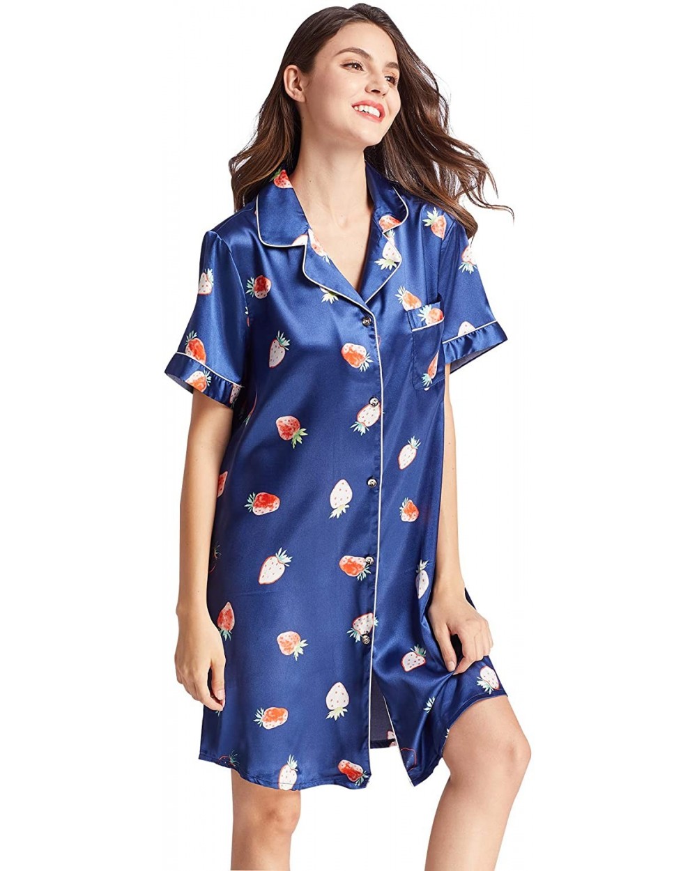 Womens Satin Silky Short Long Sleeve Nightshirt Button Down Floral Sleepshirt Loungewear Short Sleeve Strawberry blu - CZ18UX...