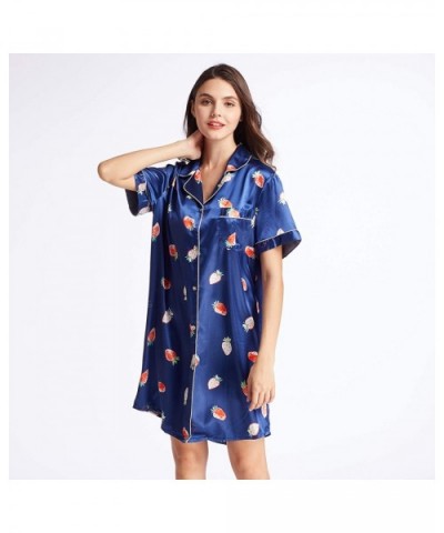 Womens Satin Silky Short Long Sleeve Nightshirt Button Down Floral Sleepshirt Loungewear Short Sleeve Strawberry blu - CZ18UX...