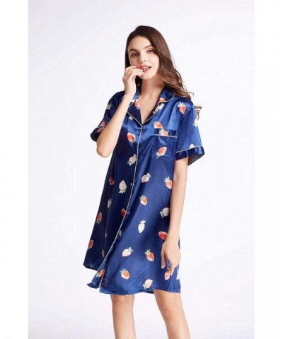 Womens Satin Silky Short Long Sleeve Nightshirt Button Down Floral Sleepshirt Loungewear Short Sleeve Strawberry blu - CZ18UX...