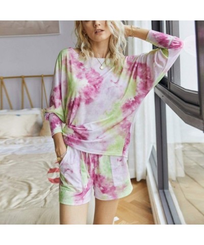 Womens Sleepwear Sets Womens Casual Tie Dye Long Sleeve Pajama Shorts Set Drawstring Pj Loungewear Sleepwear Purple - CD19DII...