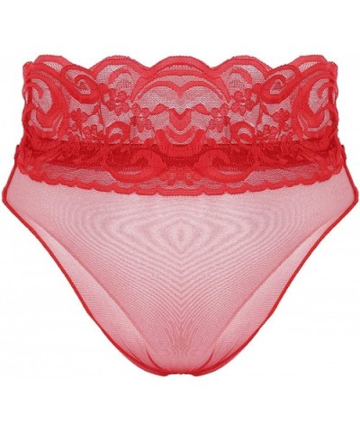 Woman's See-Through Floral Lace Bikini Briefs Mesh High Cut Cheeky Panties Thongs Underwear - Red - CK197Z9OE0O $18.26 Panties