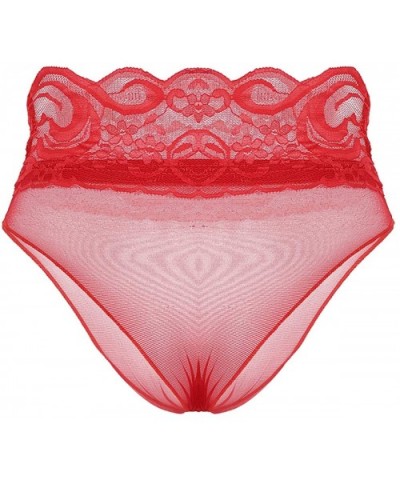 Woman's See-Through Floral Lace Bikini Briefs Mesh High Cut Cheeky Panties Thongs Underwear - Red - CK197Z9OE0O $18.26 Panties