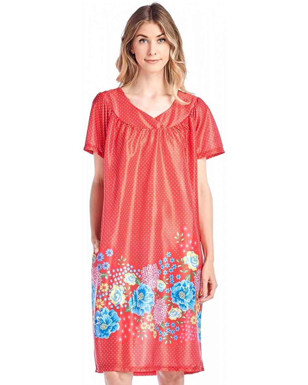 Women's Short Sleeve Muumuu Lounger Dress - Red Polka Dots - C418EQ8D9RM $30.24 Nightgowns & Sleepshirts