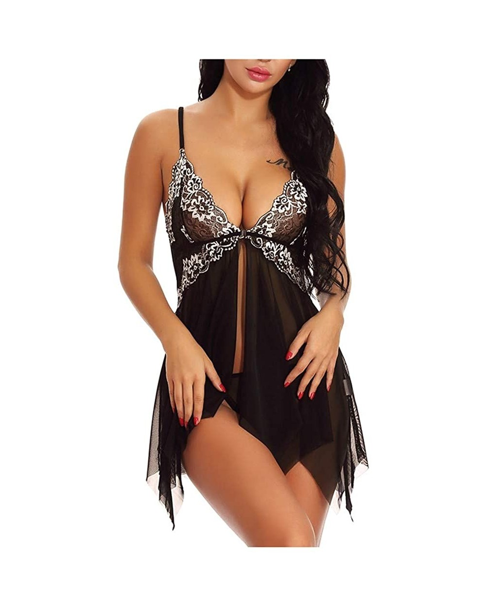 Women Lingerie Sexy Sets-Lingerie for Women Front Closure Babydoll Lace V Neck Mesh Sleepwear Lingerie - Black - CR19E93Q8XE ...