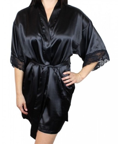 Women's Satin Kimono Bridesmaid Silky Short Robe Lace Trim Sleeves and Pockets - Black - CW12JQW7NSL $22.46 Robes