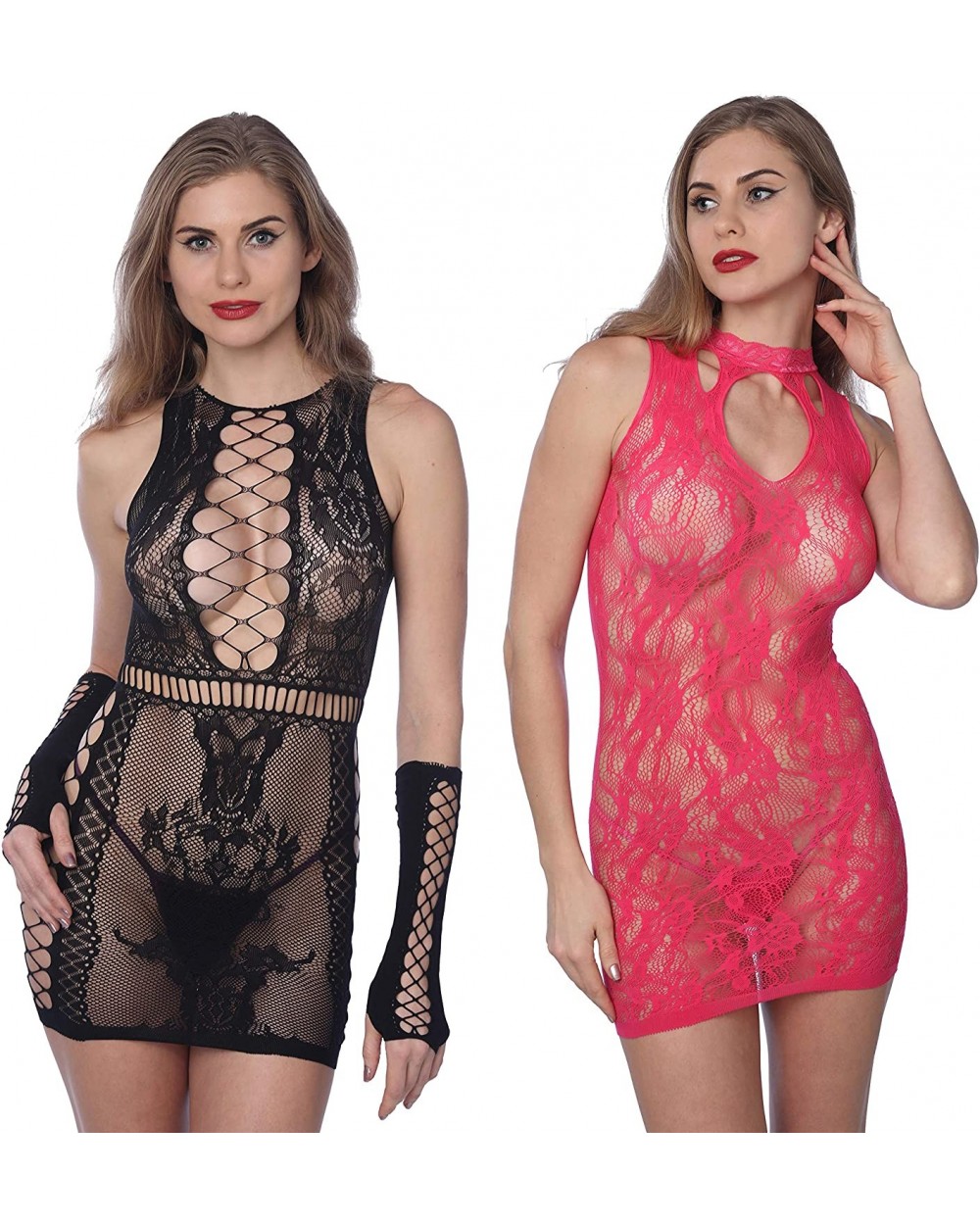 Womens Sexy Lingerie Chemise Lace Babydoll See Through Fishnet Bodysuit (2-Pack) - Black & Fuchsia 1 - C0194UTQNNK $24.56 Bab...