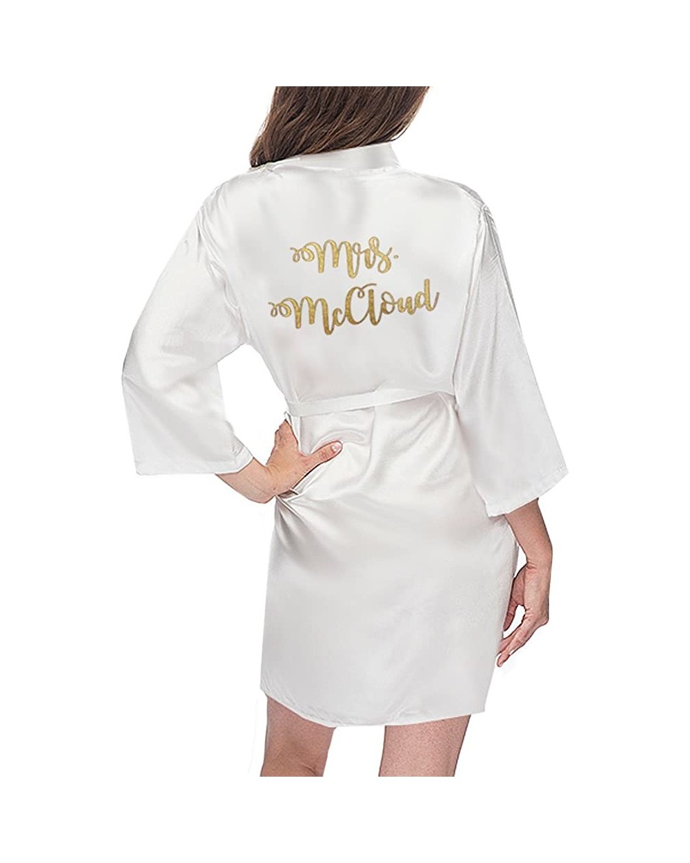 Customized Mrs. Satin Bridal Robe - White with Gold Glitter Print - CW182WAR2OQ $57.00 Robes