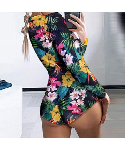 Fashion Jumpsuit for Women Ins Print Long Sleeve Nightwear Sleepwear Tracksuit - Plant Navy - CQ198GY4SEZ $38.35 Sets