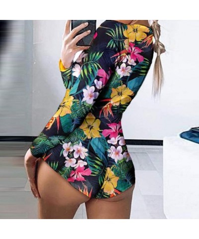 Fashion Jumpsuit for Women Ins Print Long Sleeve Nightwear Sleepwear Tracksuit - Plant Navy - CQ198GY4SEZ $38.35 Sets