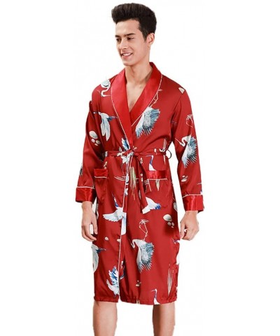 Mens Bathrobe/Long Sleeve Thin Section V-Neck Kimono Pajamas Lightweight Lapel Belt Robes-Red-XL - Red - C7193E72D05 $50.48 R...