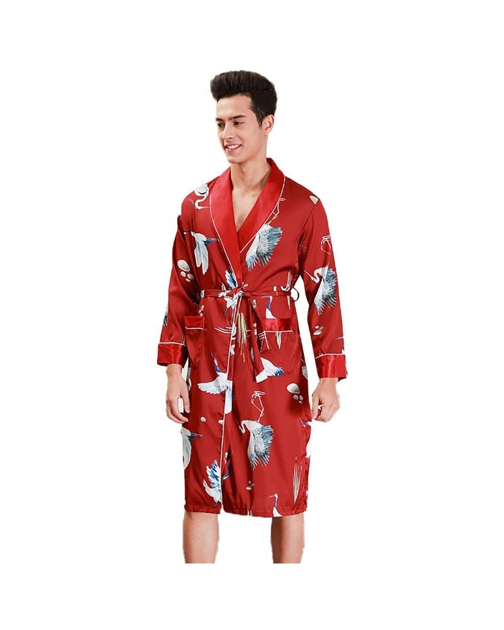 Mens Bathrobe/Long Sleeve Thin Section V-Neck Kimono Pajamas Lightweight Lapel Belt Robes-Red-XL - Red - C7193E72D05 $50.48 R...