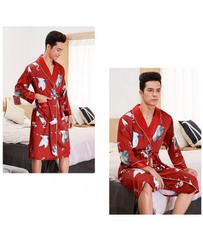 Mens Bathrobe/Long Sleeve Thin Section V-Neck Kimono Pajamas Lightweight Lapel Belt Robes-Red-XL - Red - C7193E72D05 $50.48 R...