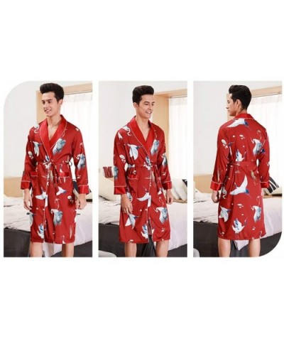 Mens Bathrobe/Long Sleeve Thin Section V-Neck Kimono Pajamas Lightweight Lapel Belt Robes-Red-XL - Red - C7193E72D05 $50.48 R...