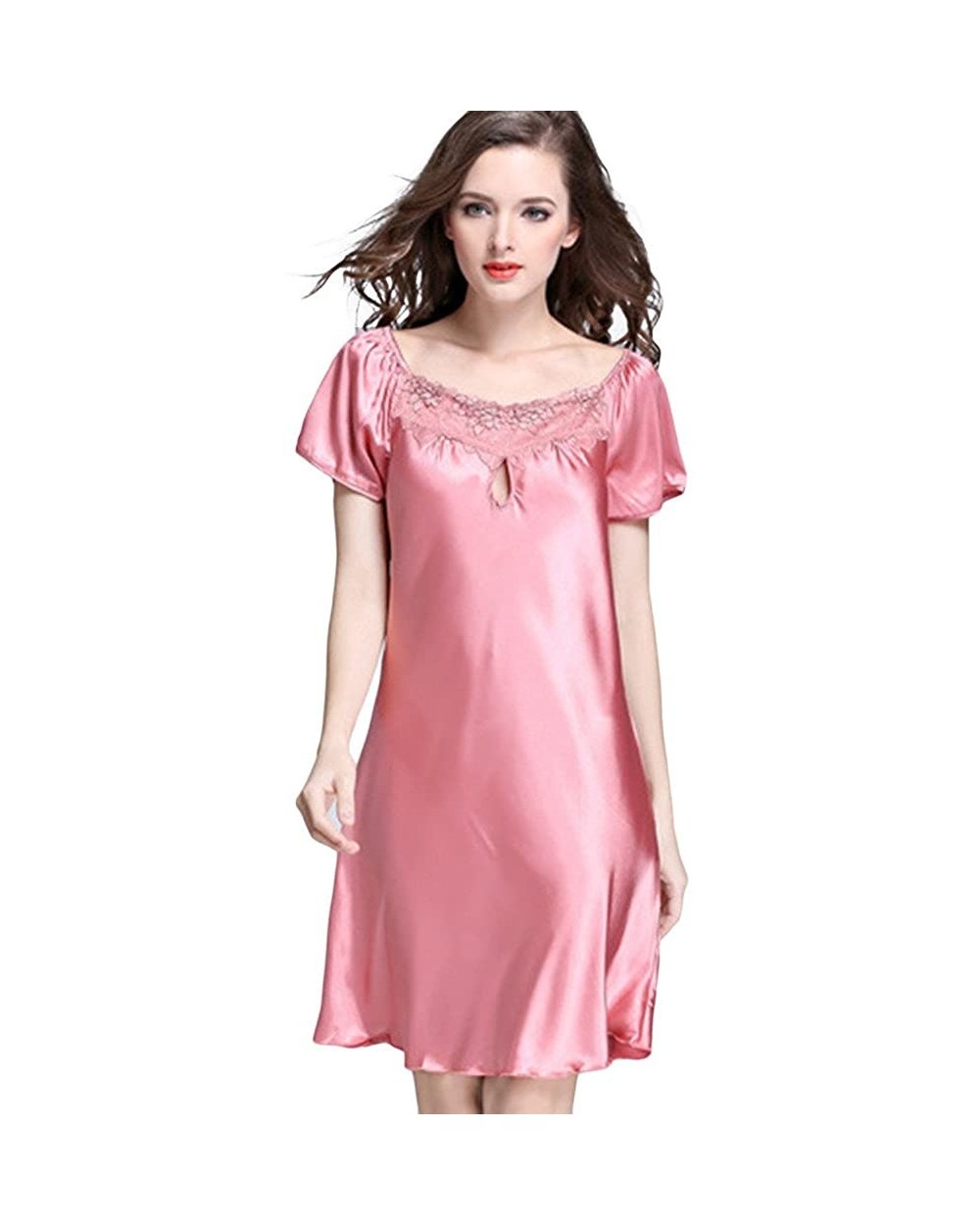 Women's Lace Crew Neck Nightgown Short Sleeve Sleep Shirt Pajamas Coral US L-Tag 2XL - C417YSNWRK4 $24.12 Nightgowns & Sleeps...