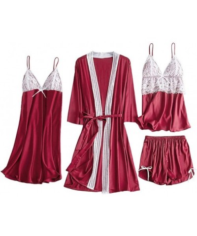 Sleepwear Womens Sexy Lingerie Satin Pajamas Cami Shorts Set Adjustable Spaghetti Straps V Neck Nightwear B Red * 4pc - CD194...