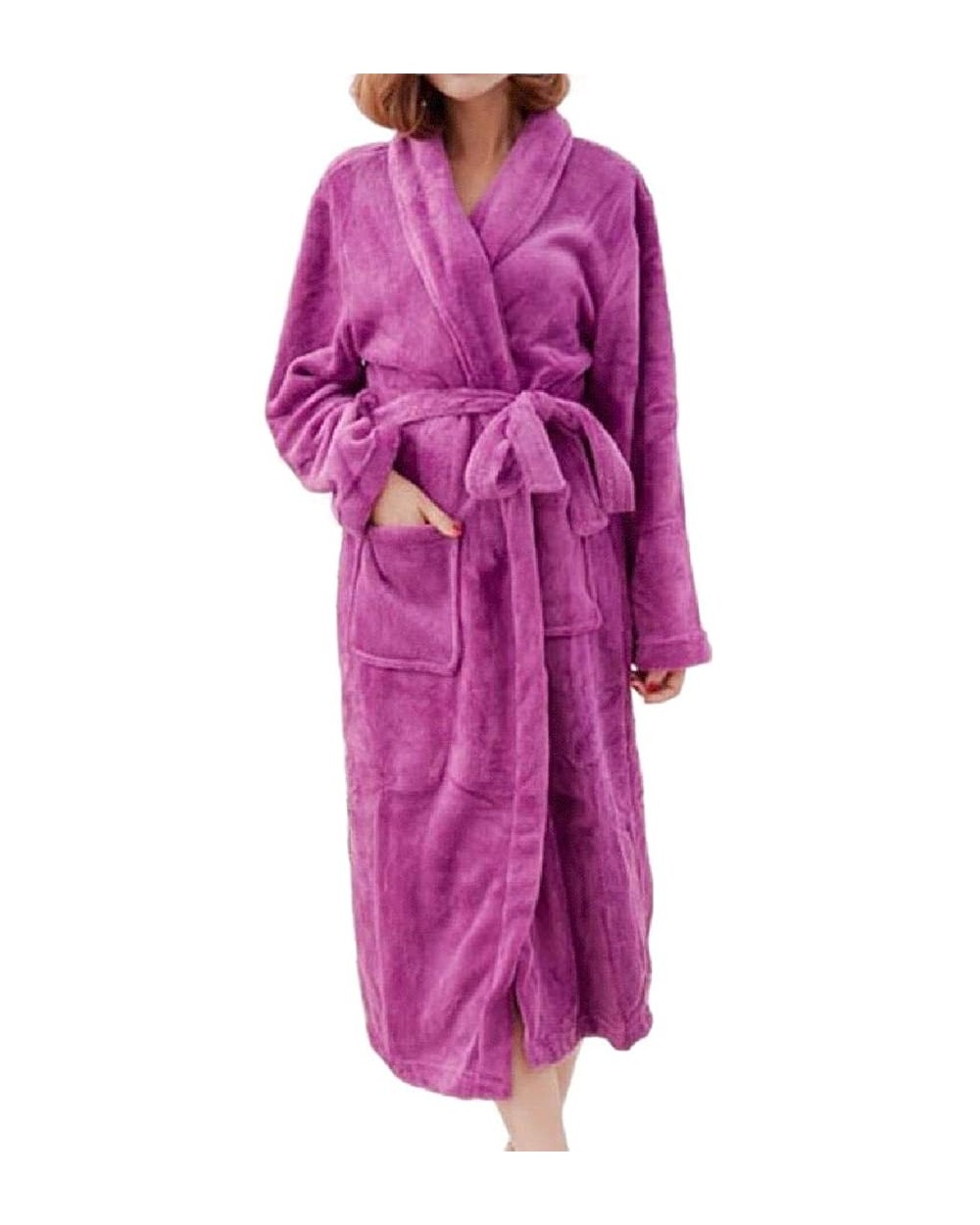 Mens Shawl Collar Loose Pockets Flannel Belt Sleep Sleep Bathrobe - 3 - C318Z2D368R $66.39 Robes