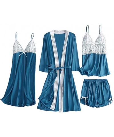 Women's 4PCS Silk Satin Pajama Set Cami Top Nightgown Lace Sleepwear Robe Babydoll Sets Sexy Nightdress Pajamas Lingerie - Z-...