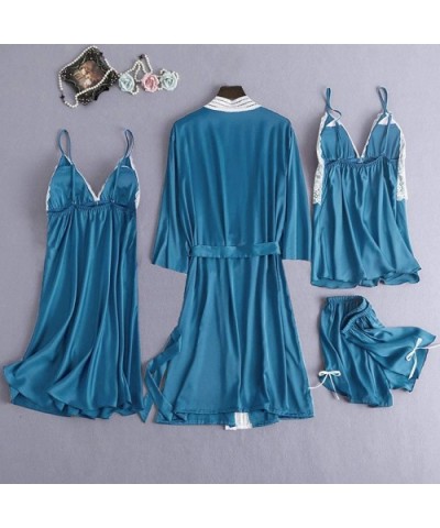 Women's 4PCS Silk Satin Pajama Set Cami Top Nightgown Lace Sleepwear Robe Babydoll Sets Sexy Nightdress Pajamas Lingerie - Z-...