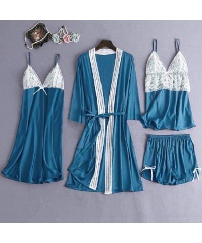 Women's 4PCS Silk Satin Pajama Set Cami Top Nightgown Lace Sleepwear Robe Babydoll Sets Sexy Nightdress Pajamas Lingerie - Z-...