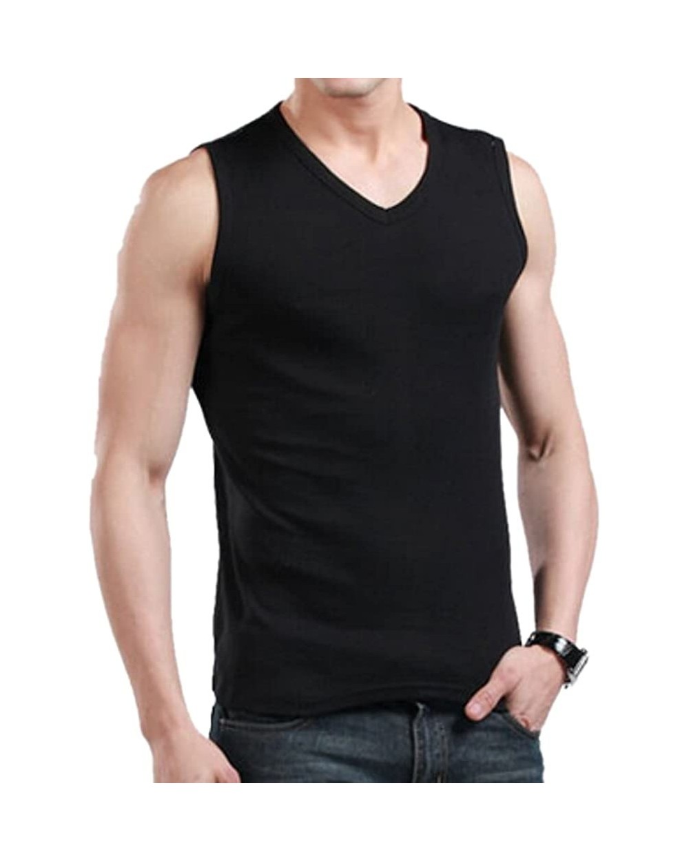 Happy Men's Solid Color V-Neck Elastic Undershirt Sleeveless Tank Tops - Black - C111X3ZQ9M9 $22.76 Undershirts