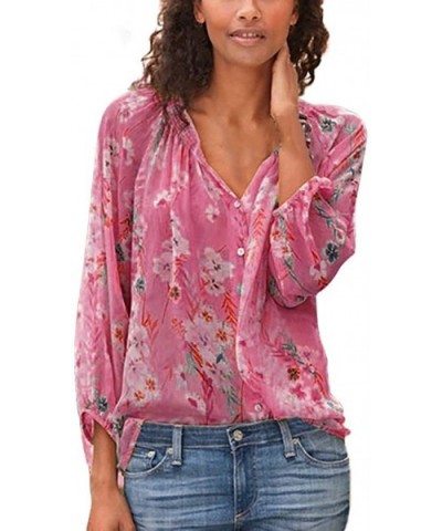 Long Sleeve T Shirt Women- Ladies Loose Plus Size Print V-Neck Button Pullover Tops Shirt - Hot Pink - CW18W797Q5W $22.73 Sha...