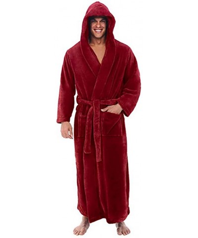 Winter Mens Fleece Solid Colored Robe- Long Hooded Bathrobe - Red - CS18N7AK4ZD $36.62 Robes