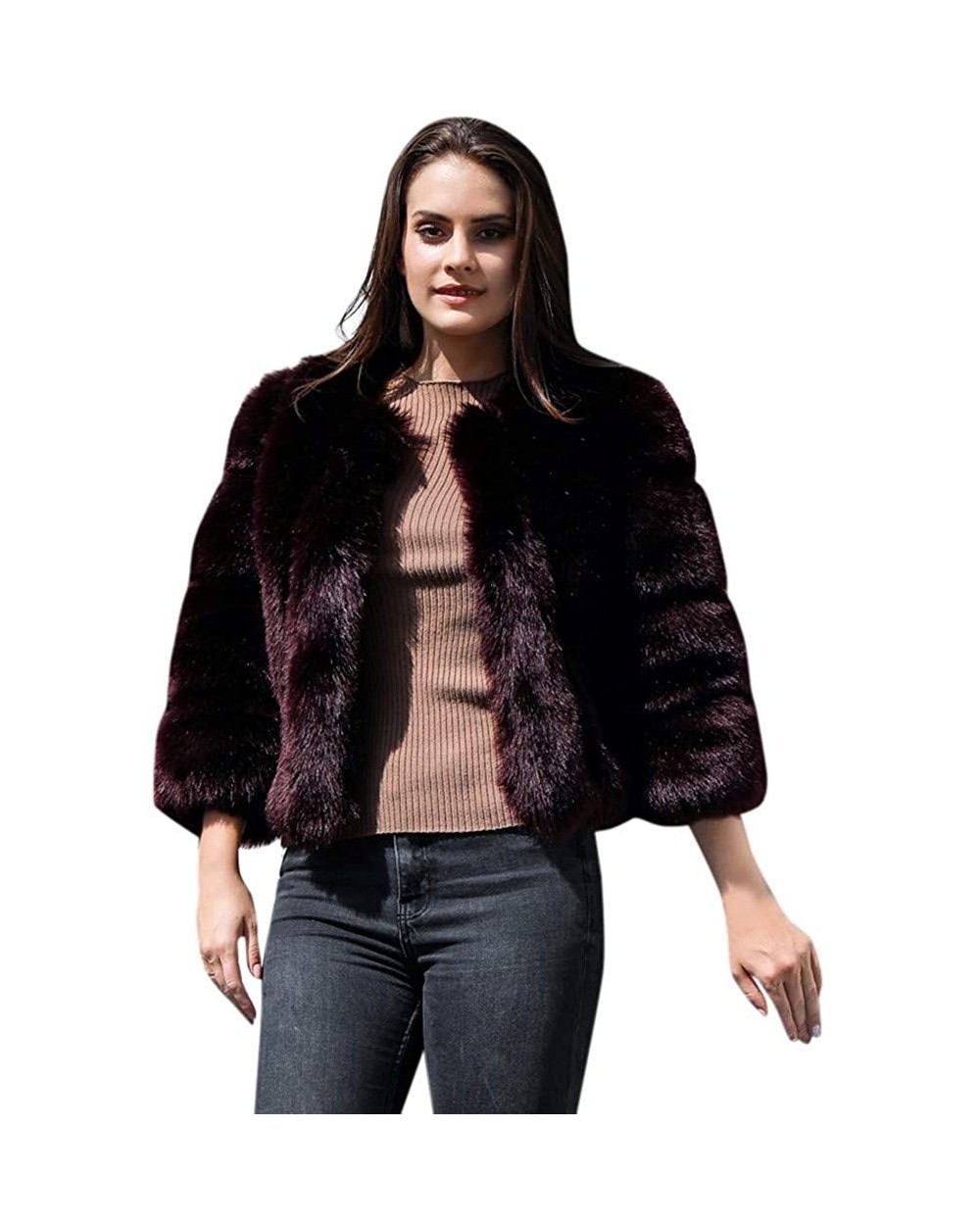 Brown Fox Fur Jacket Fauxfur Cardigan Plush Crop Tops Luxury Party Wear Clubwear Loose Fluffy Outwear - Brown - C5192HS4S92 $...