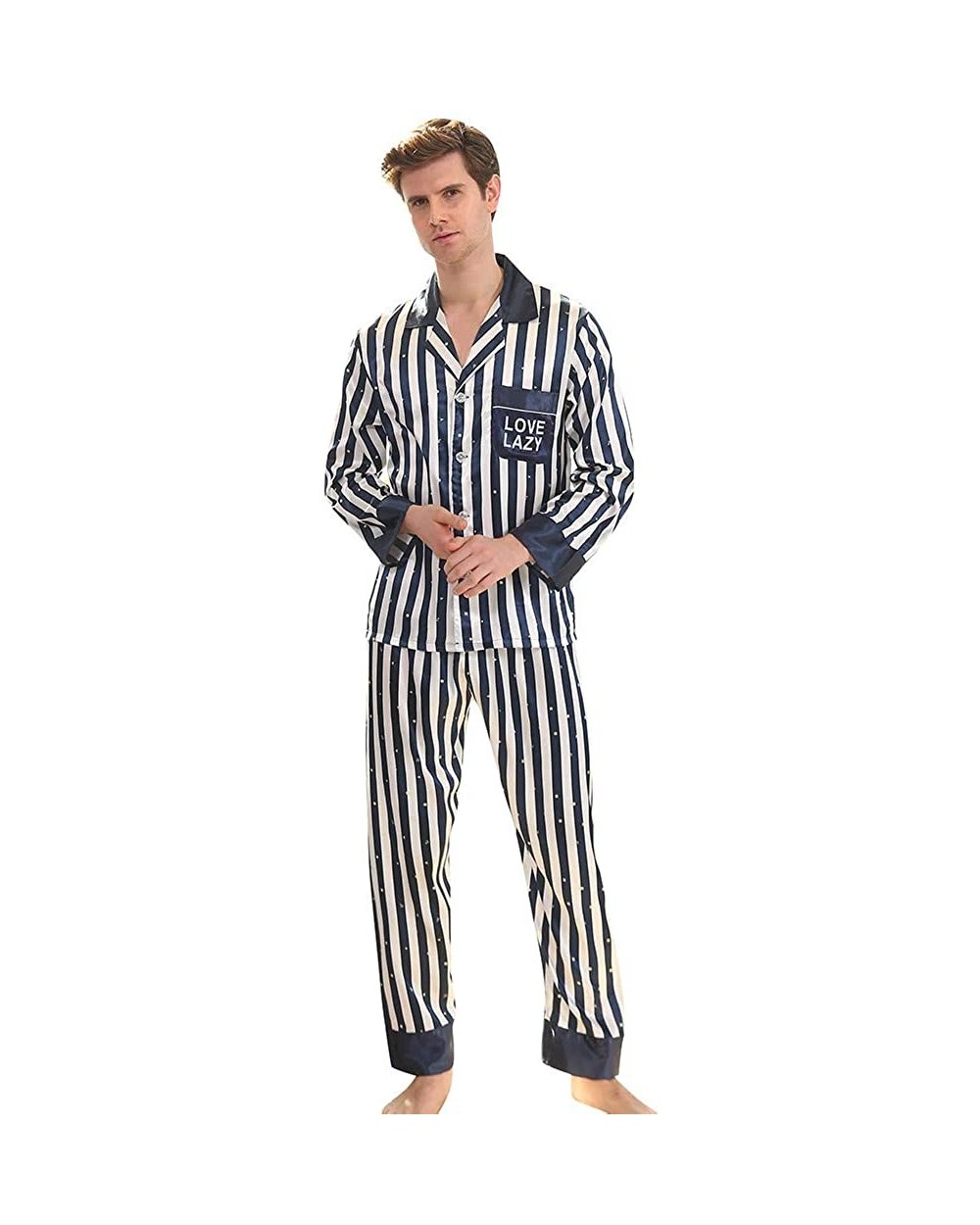 Men's Classic Satin Pajama Set Sleepwear Mens Silk Satin Pajamas Set Classic Sleepwear Loungewear - Stripe - CD18XT0KL6I $53....