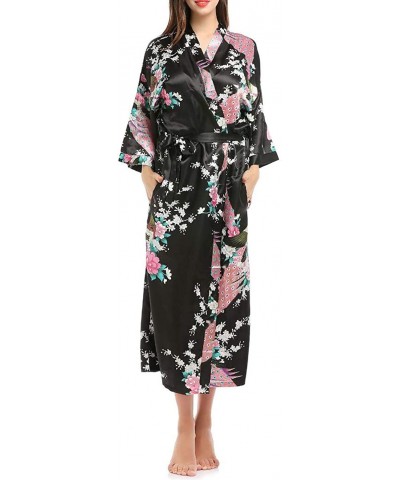 Women's Kimono Satin Floral Robe Long Bathrobe Bridesmaid Sleepwear Wedding Dressing Gown - Black - C9199796T4Z $39.29 Robes