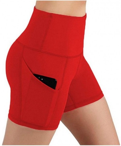 Lady Solid Pocket High-Waist Hip Stretch Underpants Running Fitness Yoga Shorts for Women Red - CE199I4TZEZ $20.59 Bustiers &...