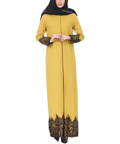 Muslim Women Lace Trimmed Front Abaya Muslim Maxi Kaftan Kimono - Yellow - CQ196UO6T4T $37.98 Robes