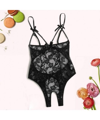 Women Bow Lace Hollow Open Crotch Teddy Bodysuit Backless Jumpsuit Lingerie - Black - C2194T8M7IO $15.13 Slips