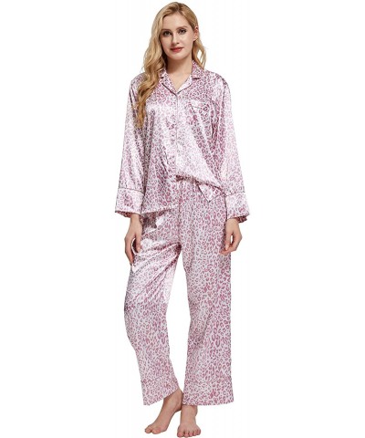 Women's Silky Satin Pajamas Button Down Long Sleeve Sleepwear PJ Set Loungewear - Pink Leopard Print - CP19CIXZ9AM $42.34 Sets