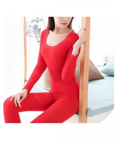 Thermal Underwear Sets Women O Neck Elastic Long Underwear Body Shaped Slim Intimate Women Warm Two Piece Set-Red-One Size - ...