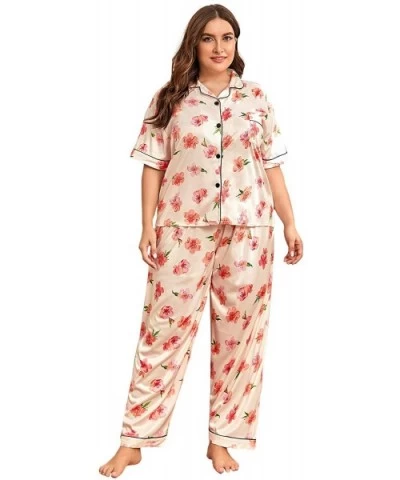 Women's Casual Plus Floral Print Short Sleeve Top and Pants Pajama Set - Beige - CI199N64WWO $36.47 Sets