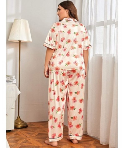 Women's Casual Plus Floral Print Short Sleeve Top and Pants Pajama Set - Beige - CI199N64WWO $36.47 Sets