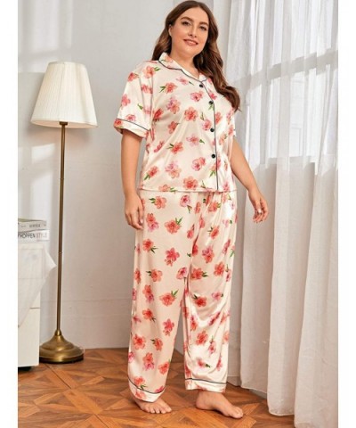 Women's Casual Plus Floral Print Short Sleeve Top and Pants Pajama Set - Beige - CI199N64WWO $36.47 Sets