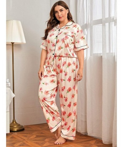 Women's Casual Plus Floral Print Short Sleeve Top and Pants Pajama Set - Beige - CI199N64WWO $36.47 Sets