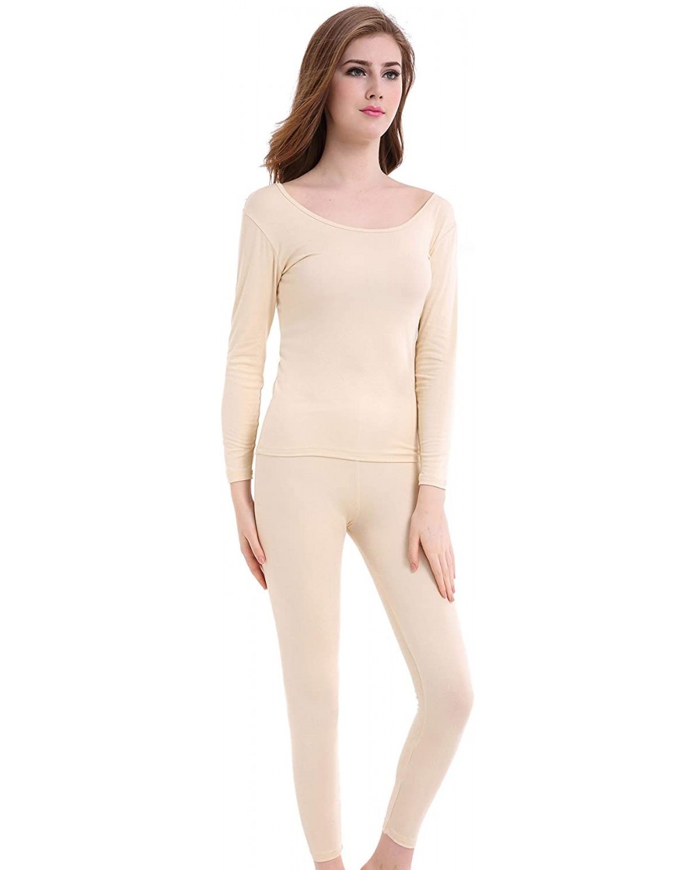 Womens Thermal Underwear Set Ultra Thin Crew Neck Base Layer Stretch Long Johns - Apricot - CJ186KK4SZN $28.44 Thermal Underwear