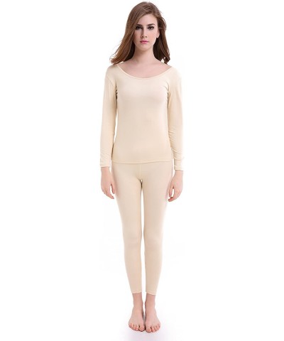 Womens Thermal Underwear Set Ultra Thin Crew Neck Base Layer Stretch Long Johns - Apricot - CJ186KK4SZN $28.44 Thermal Underwear