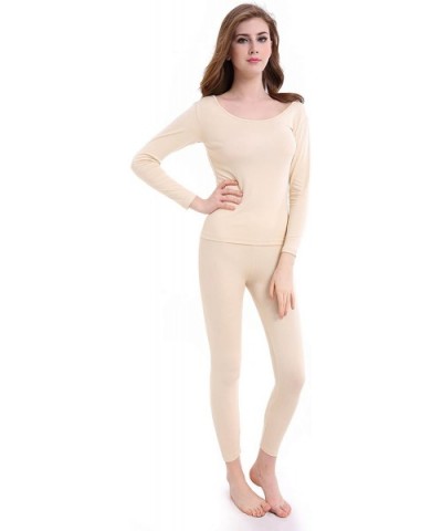 Womens Thermal Underwear Set Ultra Thin Crew Neck Base Layer Stretch Long Johns - Apricot - CJ186KK4SZN $28.44 Thermal Underwear