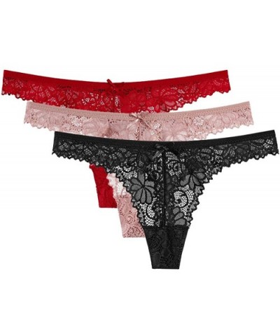 Lace Thong for Women Thin Hollowed Out T Back Low Waist Sexy Thong See Through Panties 3-Pack - 1 Black+ 1 Beige+ 1 Red - CG1...