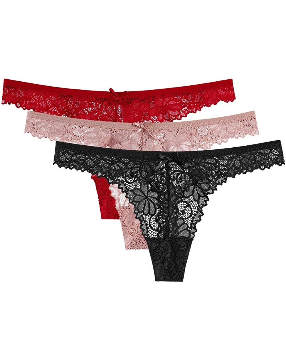 Lace Thong for Women Thin Hollowed Out T Back Low Waist Sexy Thong See Through Panties 3-Pack - 1 Black+ 1 Beige+ 1 Red - CG1...