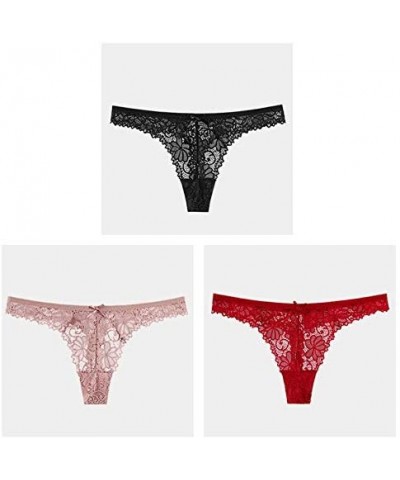 Lace Thong for Women Thin Hollowed Out T Back Low Waist Sexy Thong See Through Panties 3-Pack - 1 Black+ 1 Beige+ 1 Red - CG1...