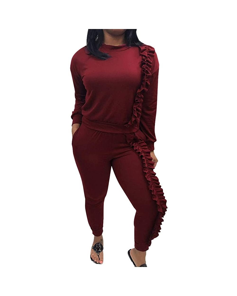 Women's Two Piece Outfits Ruffle Sleeve Sweatshirt and Long Pants Tracksuit - Wine - CS18AECGTT7 $51.53 Thermal Underwear