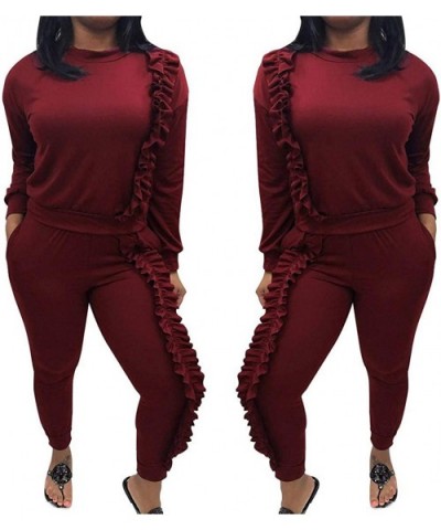 Women's Two Piece Outfits Ruffle Sleeve Sweatshirt and Long Pants Tracksuit - Wine - CS18AECGTT7 $51.53 Thermal Underwear