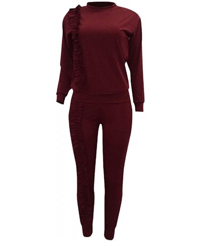 Women's Two Piece Outfits Ruffle Sleeve Sweatshirt and Long Pants Tracksuit - Wine - CS18AECGTT7 $51.53 Thermal Underwear