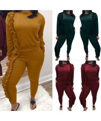 Women's Two Piece Outfits Ruffle Sleeve Sweatshirt and Long Pants Tracksuit - Wine - CS18AECGTT7 $51.53 Thermal Underwear