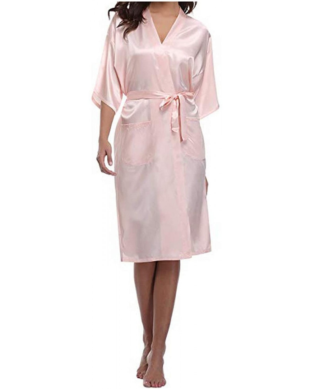 Womens Robe Faux Silk Kimono Bath Gown Female Sexy Bathrobe Nightgown Mujer Pijama Size - Pink - C618AE2SWT4 $53.02 Robes